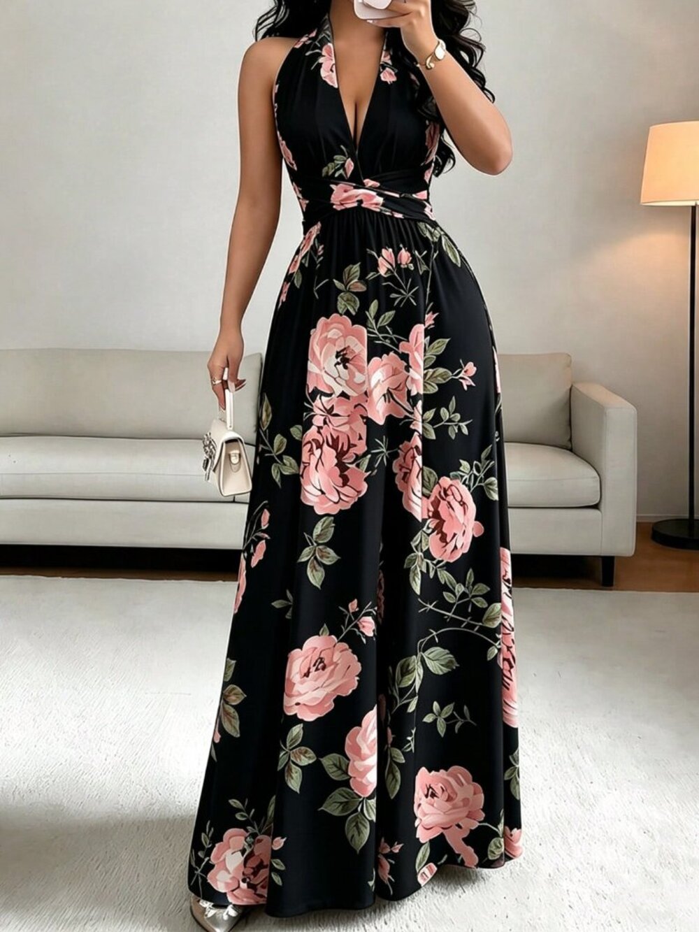 Black Boho Women's Floral Print Halter Backless Wide Leg Waist Halter Jumpsuit